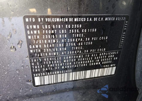 2022 Volkswagen Tiguan 2.0T Se z USA, uszkodzony, nr VIN 3VV3B7AX4NM087435